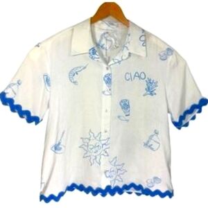 Jane +Delancey Women's Ciao Print scalloped Linen Blend Button Down Shirt Size L